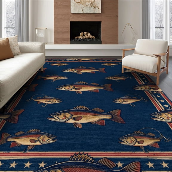 ODIKA 8'x10' Washable Area Rug Durable, Non-Slip Lure Motif With Patriotic Bass And Distressed Frame Vintage Fishing Refined for Living Room, Under Sectional, Family