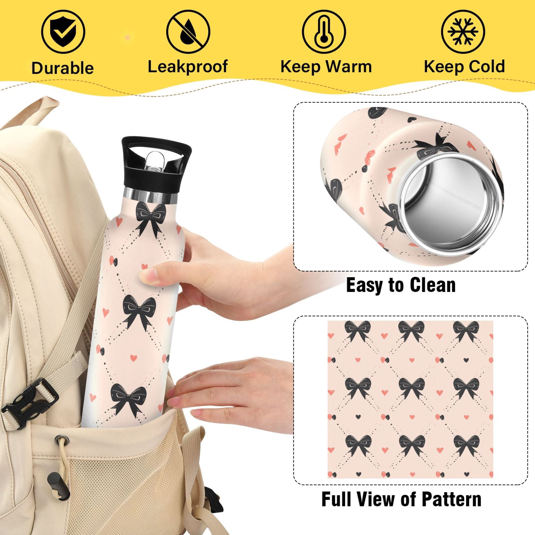 Kids Insulated Stainless Steel Sports Water Bottle 600ml (20oz) Black Bows Pattern