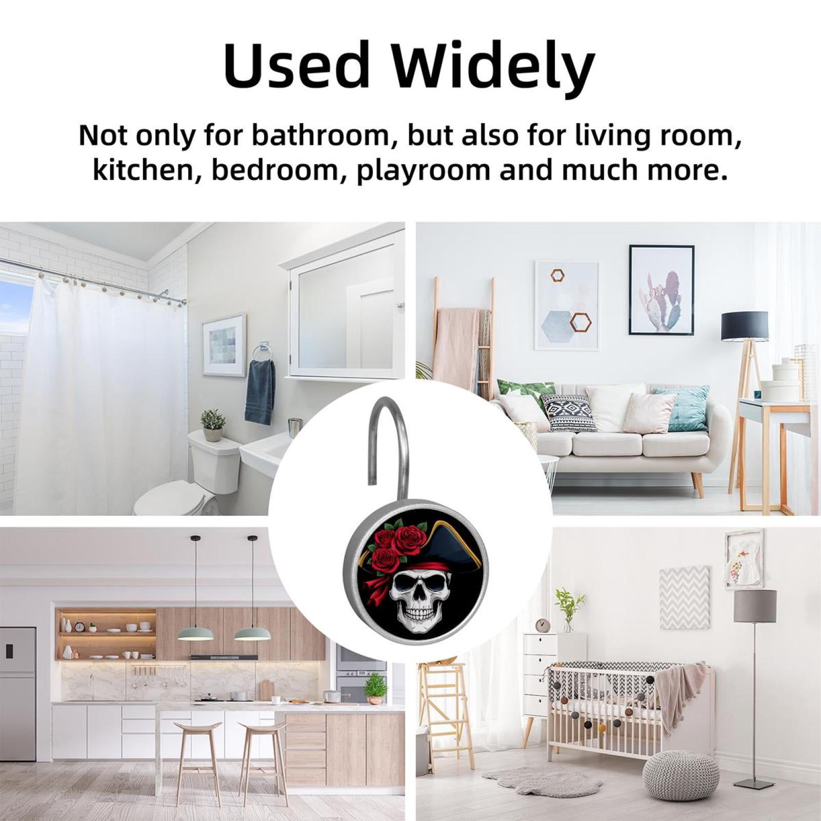 12pcs Decorative Shower Curtain Hooks, Rust Resistant Shower Rings for Bathroom Living Room,Rustproof Stainless Steel Rings for Shower Curtain and Liner Rods,Red Rose Skull