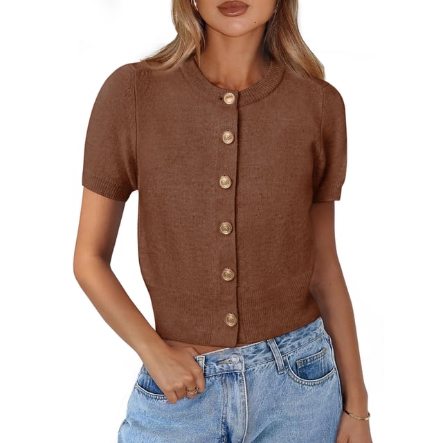 Cardigan PRETTYGARDEN Mujer Verano Manga Corta Marrón