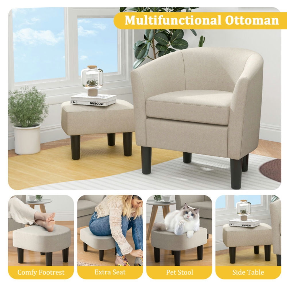 Finihen Accent Chair, Barrel Club Chair with Ottoman Set, Linen Fabric Accent Chair with Footrest, for Living Room, Bedroom, Beige Finihen Accent Chair, Barrel Club Chair with Ottoman Set, Linen Fabric Accent Chair with Footrest, for Living Room, Bedroom, Beige
