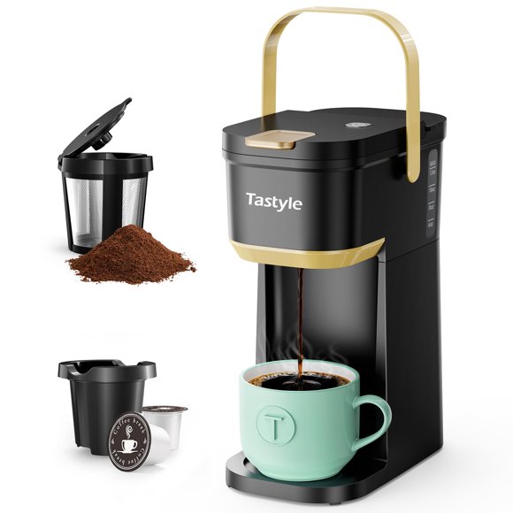 Tastyle Single Serve One Cup Coffee Maker, for K Cups and Grounds, Mini Coffee Maker with Portable Handle, 6 to 12 Oz Brew Size, for Travel, Camping, Offi