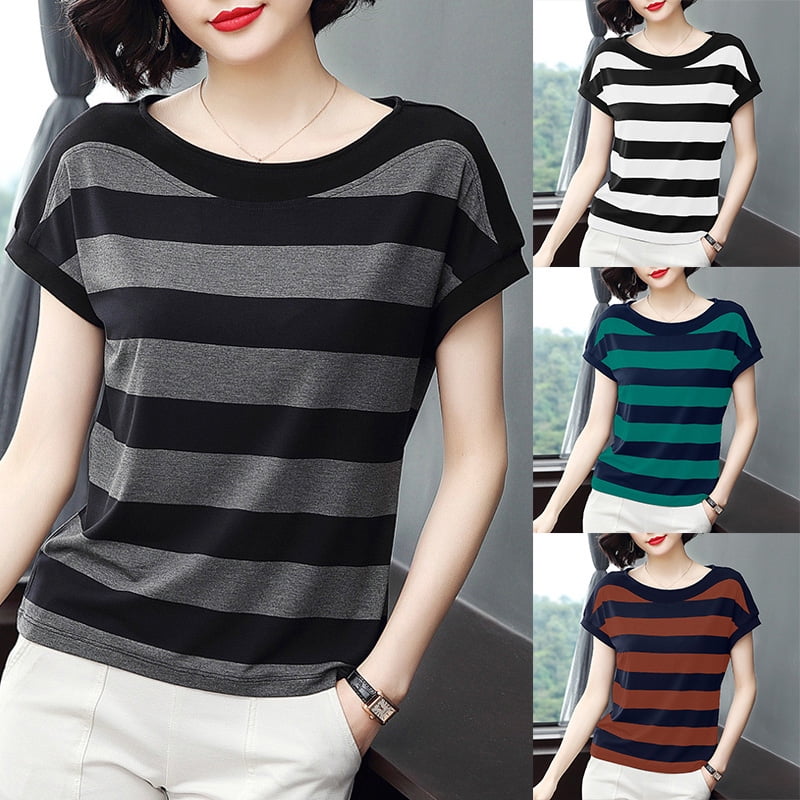 Blouses for Women Fashion 2018 Short Sleeve Shirts Lady Loose Stripe Tops Casual Basic T Shirts 