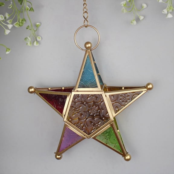 Hanging Candle Lantern,Moroccan Style Glass Five-Pointed Star Shaped Tealight-Holder for Wedding,Garden Yard, Gold