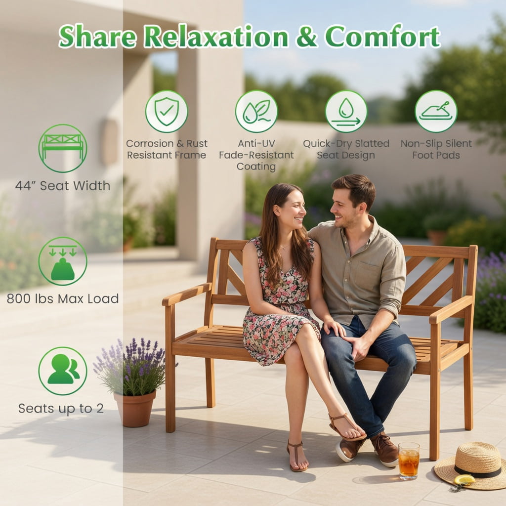 Hommoo 2-Person Acacia Wood Patio Bench with Armrests & Ergonomic Backrest – Teak Outdoor Garden Chair for Porch, Deck, or Poolside