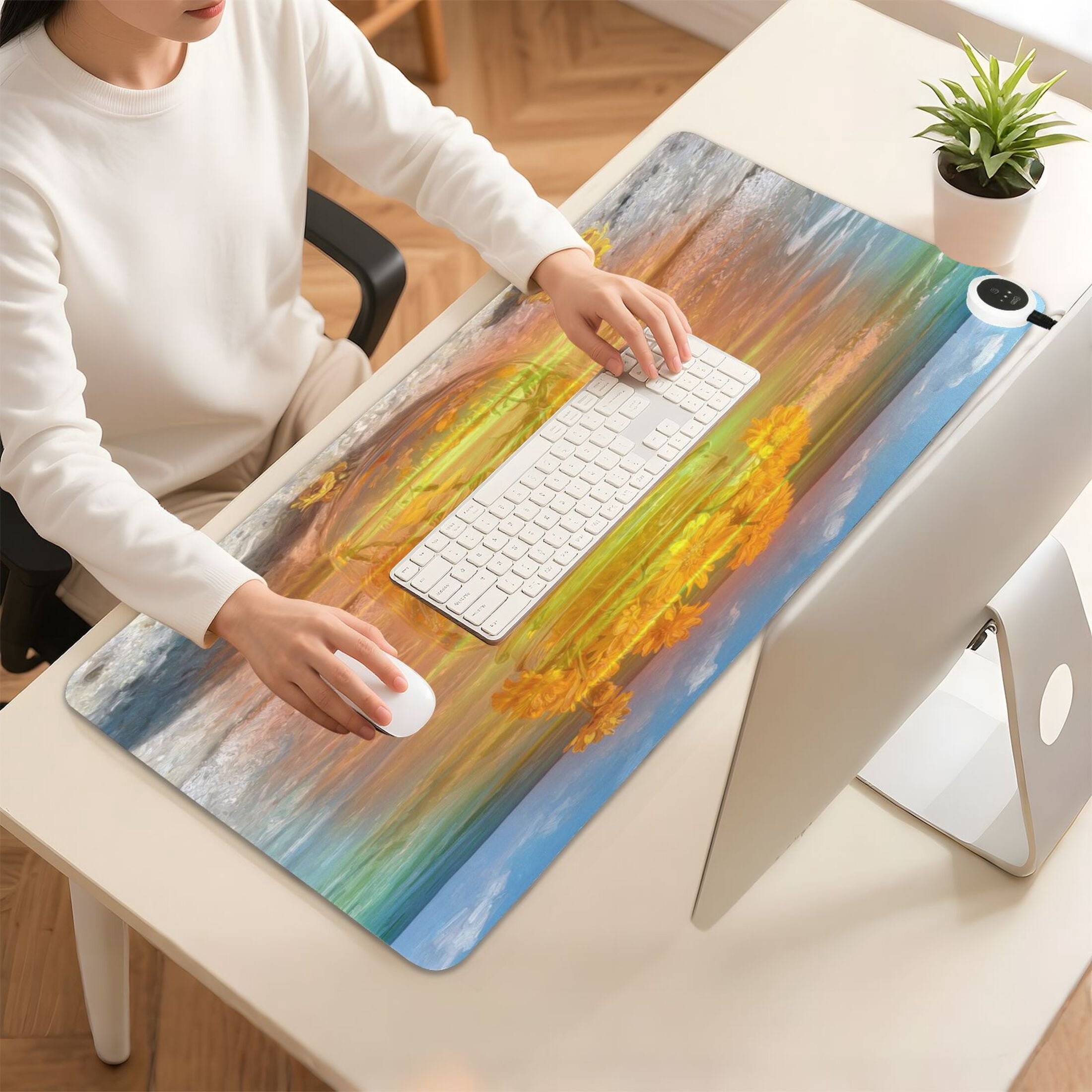 Large Heated Desk Mat Mouse Pad 31.5"x13"PU Leather Graphene Heating Desk Warmer with 3 Temperature Settings 110V US Plug Non-Slip Warm Pad for Home, Office, and Gaming Yellow Daisy Glass Jar