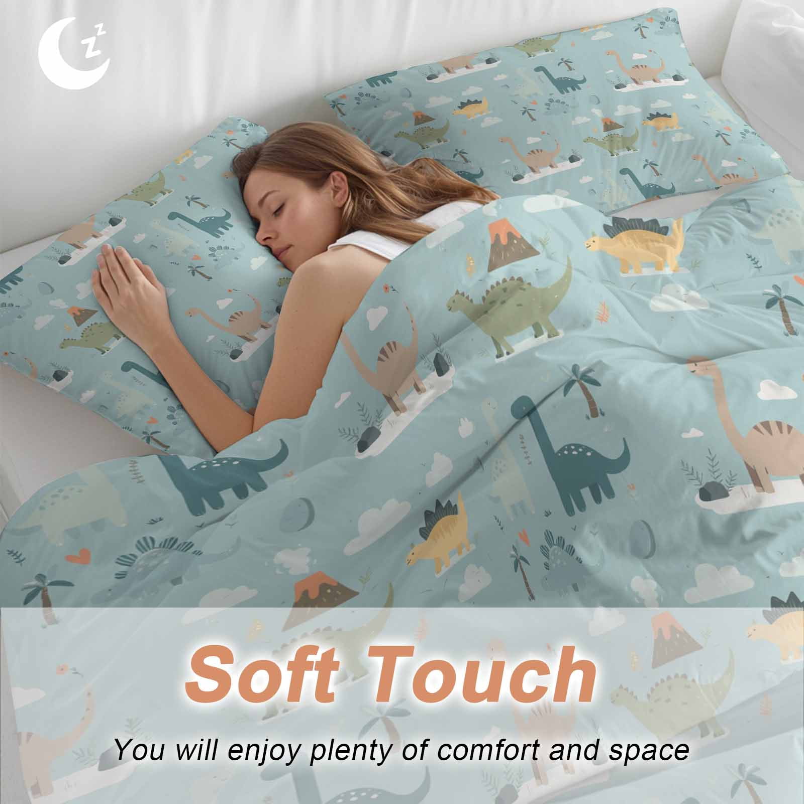 Cartoon Animals Bedding 3 Piece Duvet Cover Set Full Size, Funny Dinosaur Tropical Plants Blue Green Microfiber Comforter Cover with Zipper Closure & Pillowcases, Wrinkle & FadeResistant Quilt Cover