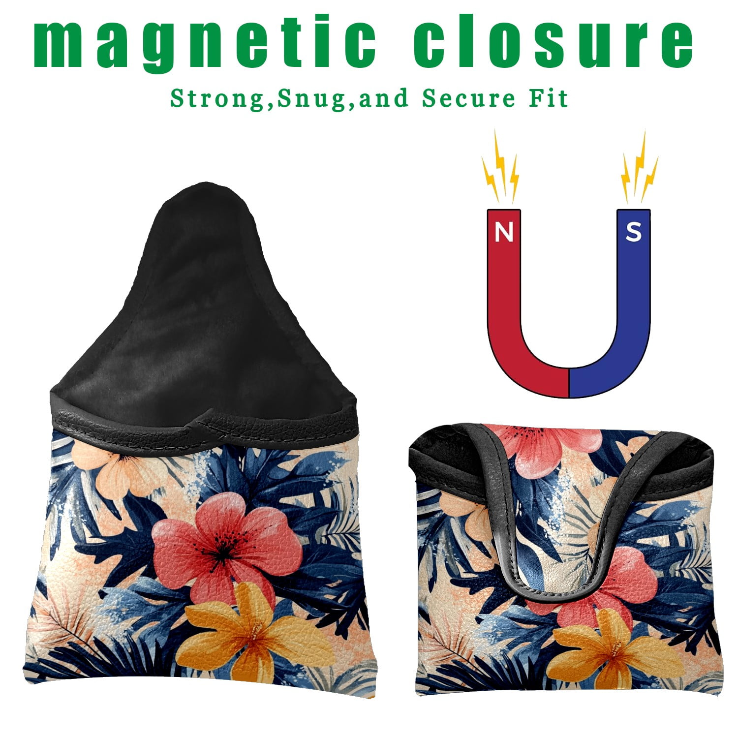 Golf Mallet Putter Cover Premium Leather Waterproof Golf Putter Head Cover with Magnetic Closure Tropical Leaves