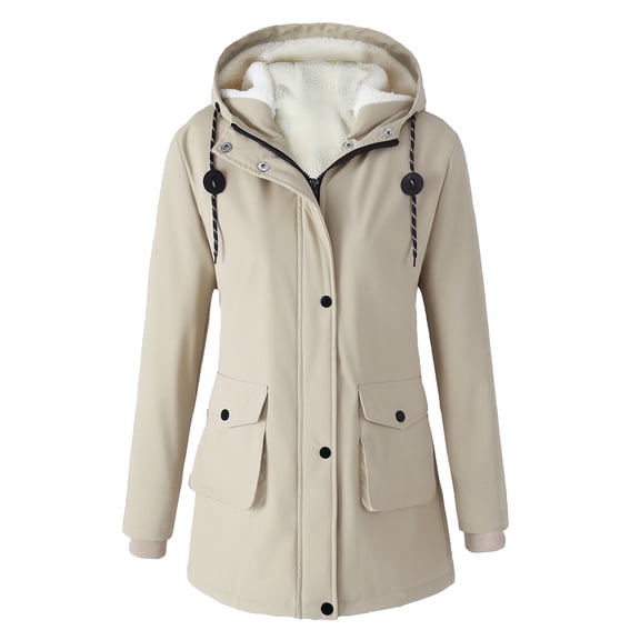 Women's Plus Size Plush Jacket - Casual Solid Color Hooded with Drawstring, Beige, L