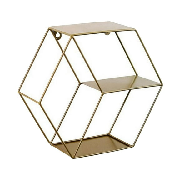 Wrought Shelf Rack Sofa Background Wall Decoration Metal Wall Hanging Decor Hexagon Floating Wall Shelf - golden
