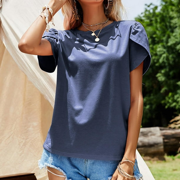 Fesfesfes Summer Tops for Women's Ladies Round Neck Loose Tops Casual Solid  Color T-Shirt Short Sleeve Blouse