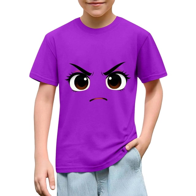 Blusas y camisas de manga corta con cuello redondo para niños y niñas, color liso, con estampado de expresión linda, manga corta, holgadas y cómodas, blusa para niña