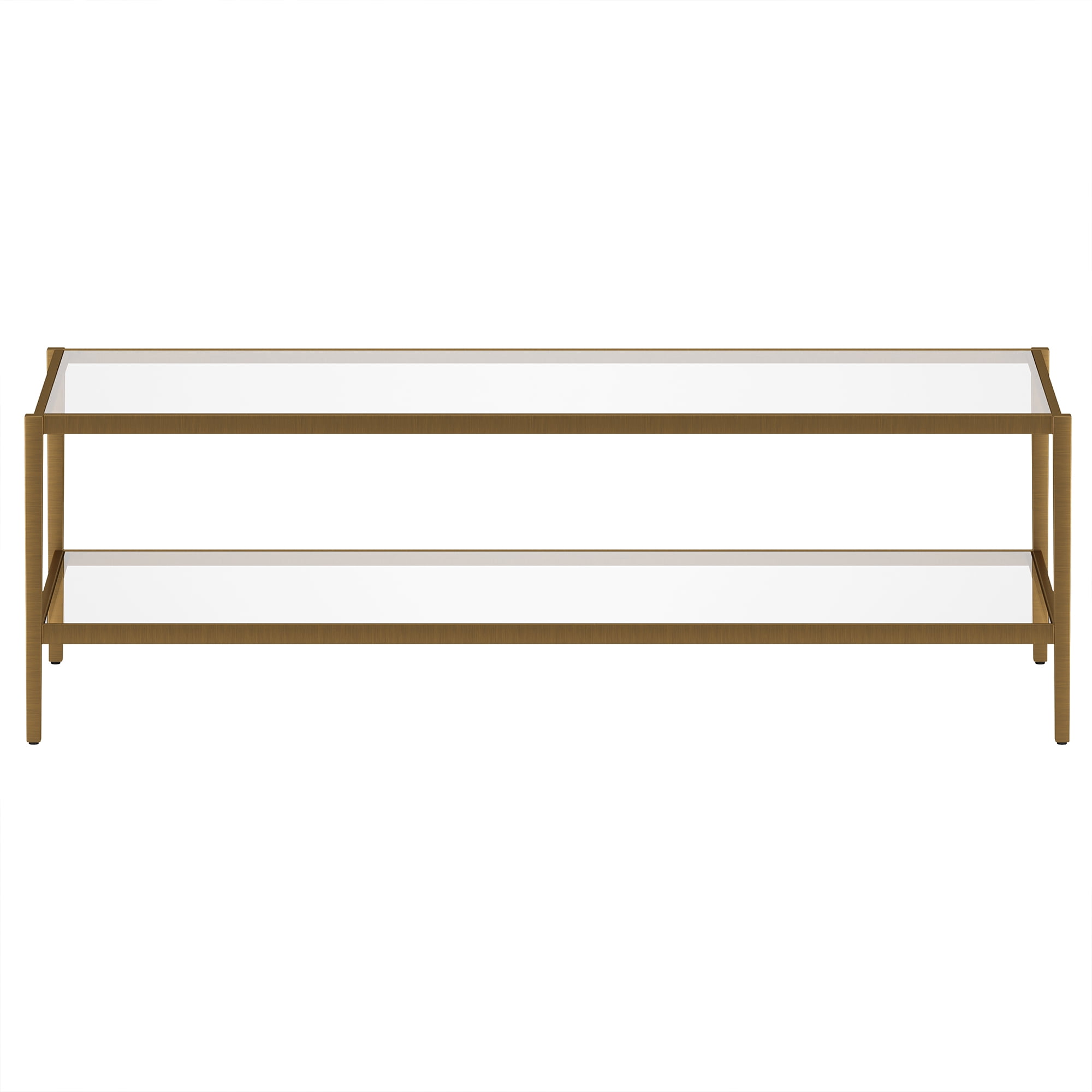 Evelyn&Zoe Hera 54" Wide Rectangular Coffee Table with Glass Shelf, Antique Brass