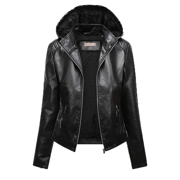 Chaqueta y abrigo de piel sintética con capucha y manga larga para mujer, informal, con capucha y cremallera, de color liso y manga larga