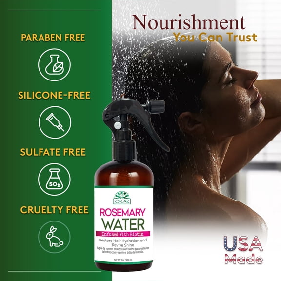OKAY Rosemary Water with Biotin 9 oz – Lightweight Hair & Scalp Hydration Spray for Strength, Shine & Frizz Control