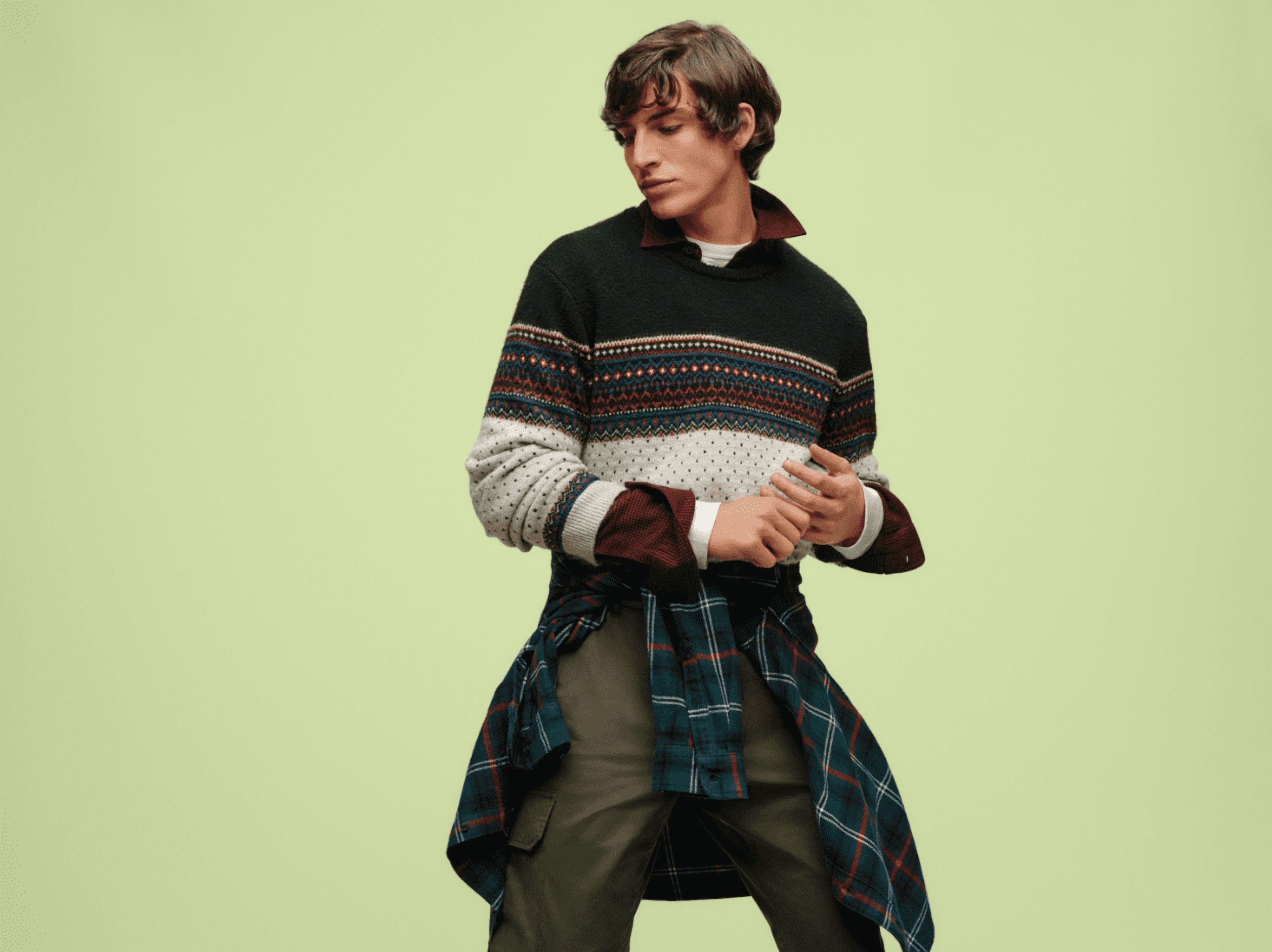 Free Assembly Men's Fair Isle and Print Sweater with Long Sleeves, Size XS-3XL