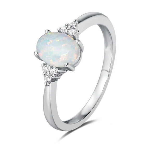 cacestone jewelers Created Opal Rings for Women Sterling Silver 4-prong Halo White Opal Cubic Zirconia Engagement Wedding Ring Fine Jewelry for Women Size 7