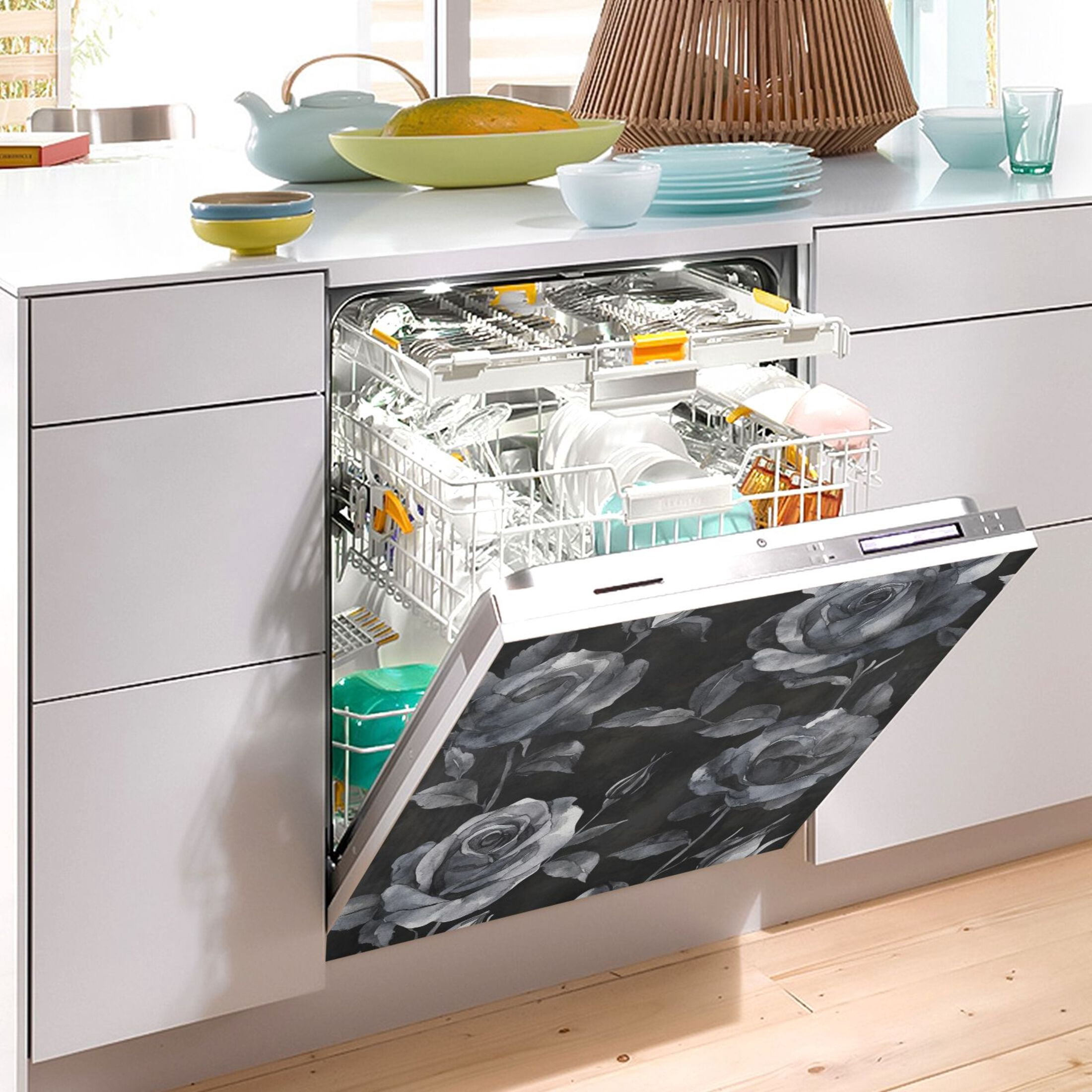 Dishwasher Magnetic Sticker 23x26 Inch Refrigerator Magnetic Sticker Washing Machine Magnetic Sticker Kitchen Panel Magnetic Sticker Home Decor Black Roses Seamless