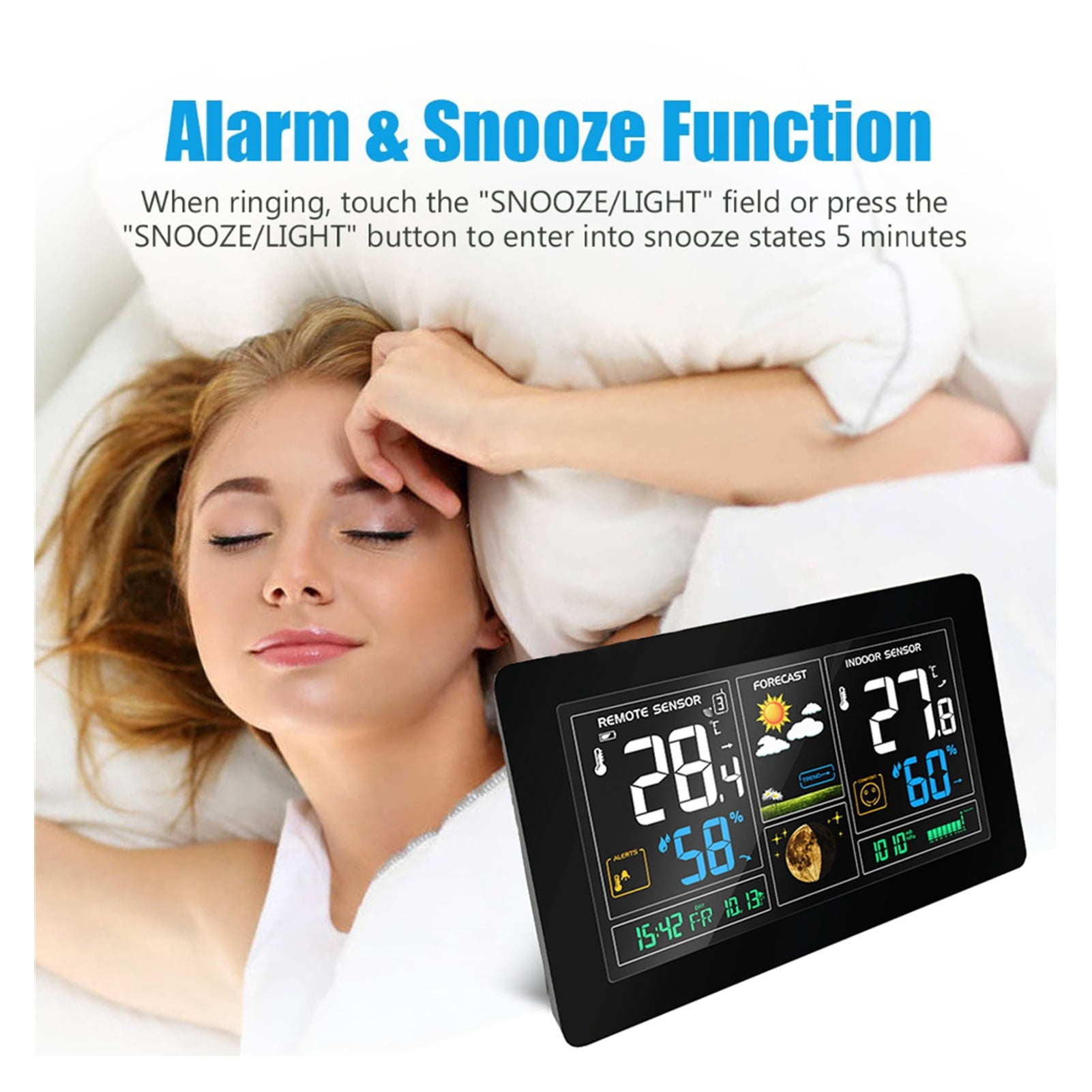 2 Outdoor Sensor Weather Station With Wireless Temperature Humidity Display Weather Forecast RCC Snooze Alarm Clock Colorful LCD ,Easy to Operate