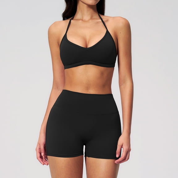 PISONIC Workout Sets for Women Spaghetti Straps Halter Neck Sports Bra High Waist Biker Shorts 2 Piece Gym Outfits