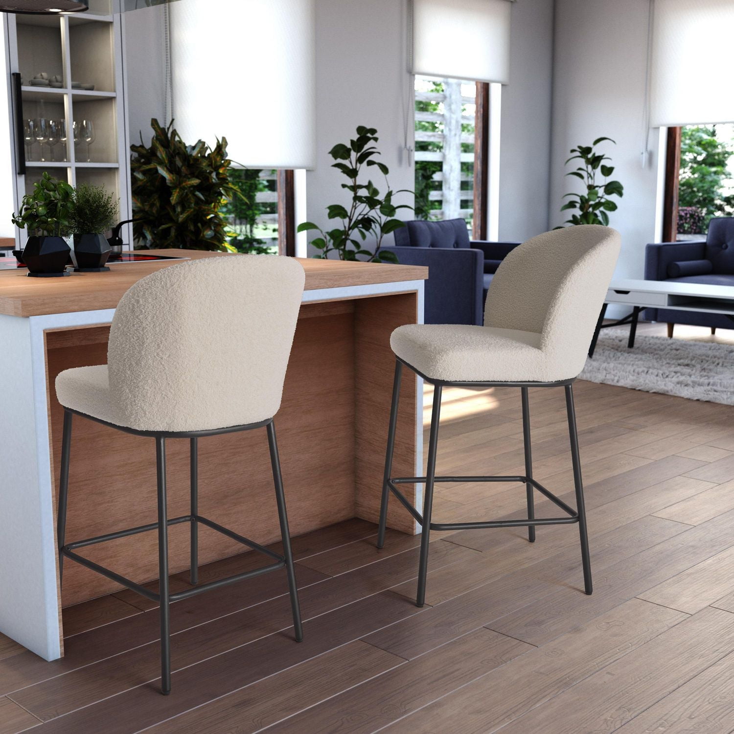 Lot de 2 tabourets de bar d'intérieur modernes et rembourrés en tissu bouclé de luxe Addison de CorLiving