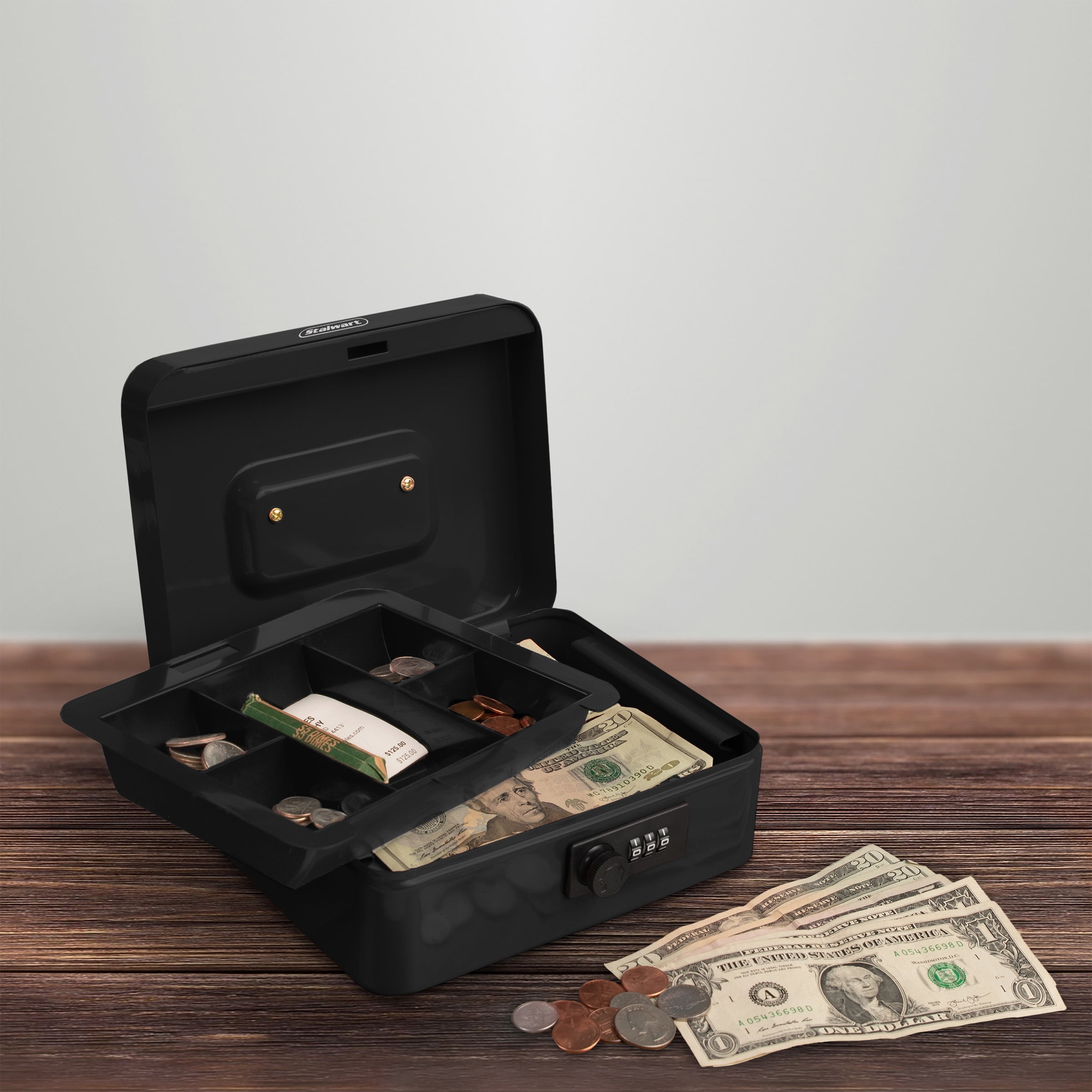 Cash Box Locking Money Safe with Removable 5 Slot Coin Tray and
