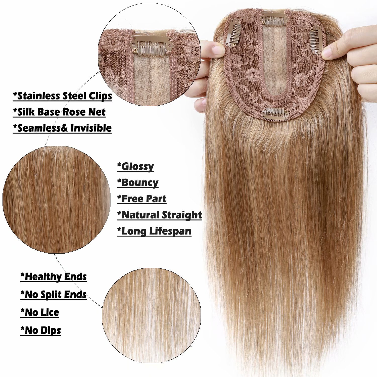 Benehair 100% Human Hair Extensions Clip In Topper Toupee Hairpiece Silk  Base for Women Remy Hair 6"-14" Brown US - Walmart.com