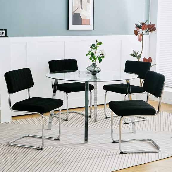 sumdeal 47.2" Modern Minimalist Round Glass Dining Table Sets for 4,Round Glass Dining Room Sets for 4,5 Piece Dining Table Sets,Glass Dining Table and 4 Teddy Dining Chairs