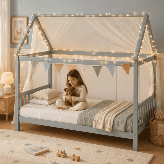 SESSLIFE Twin House Bed Frame for Boys Girls, Solid Wood Kids Bed with End Guardrails, 13 Slats, No Box Spring Needed, Gray