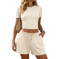 thumbnail image 2 of RFQWOVSR Womens Ribbed Knit Short Sleeve Top and Drawstring Shorts 2 Piece Set Side Split Casual Summer Lounge Outfits XL, 2 of 5