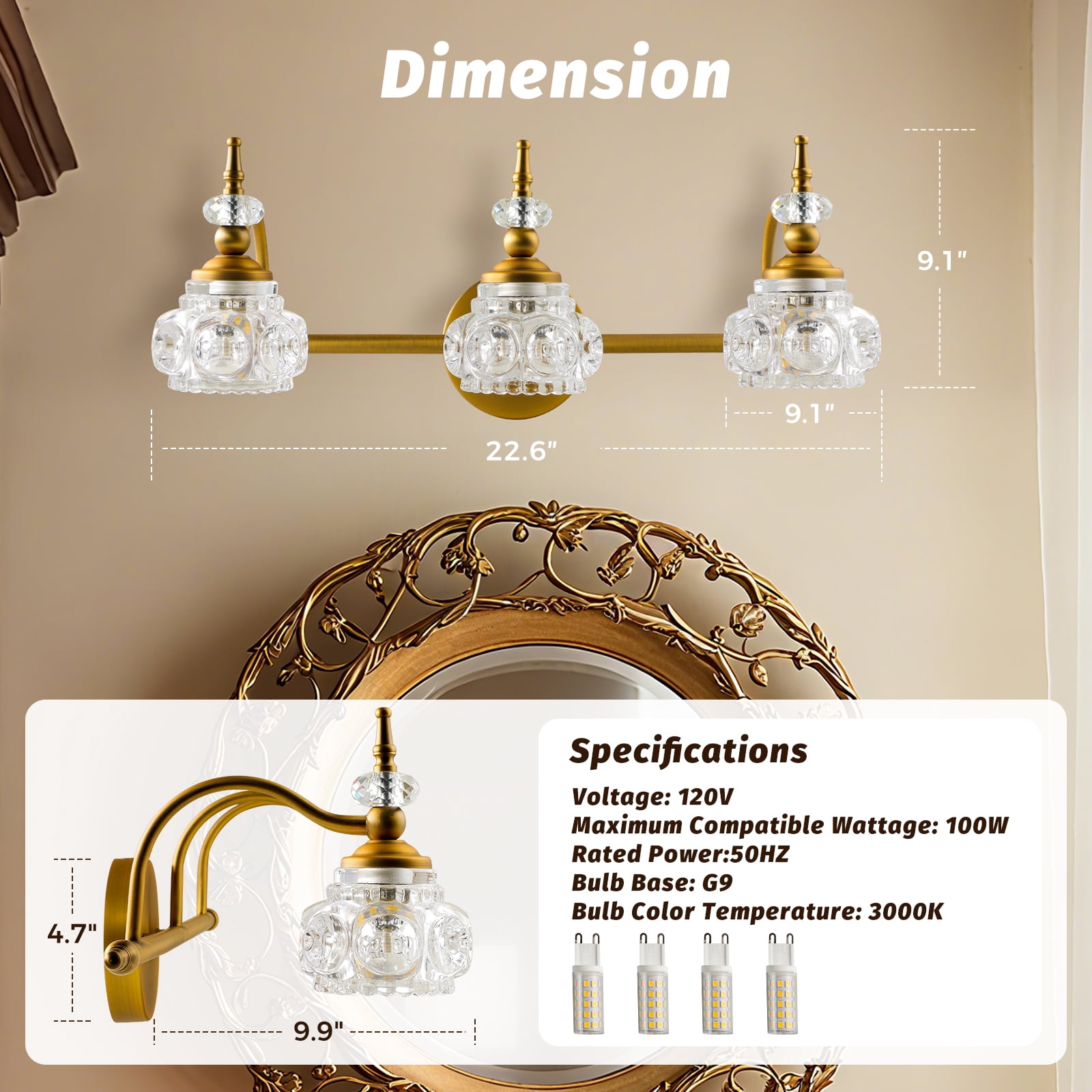 ROSYNEY 3-Light Vanity Light with Thick Crystal Glass Shade, Vintage Vanity Light, Vintage Bathroom Light Fixtures(Bronze), G9 Base