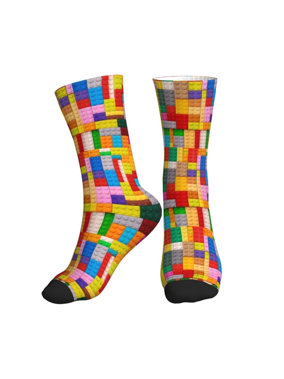 Crew Socks for Women Men Athletic - Colorful Plastic Blocks Pattern Soft Comfort Breathable Mid-Calf Sole Running Socks Womens Men