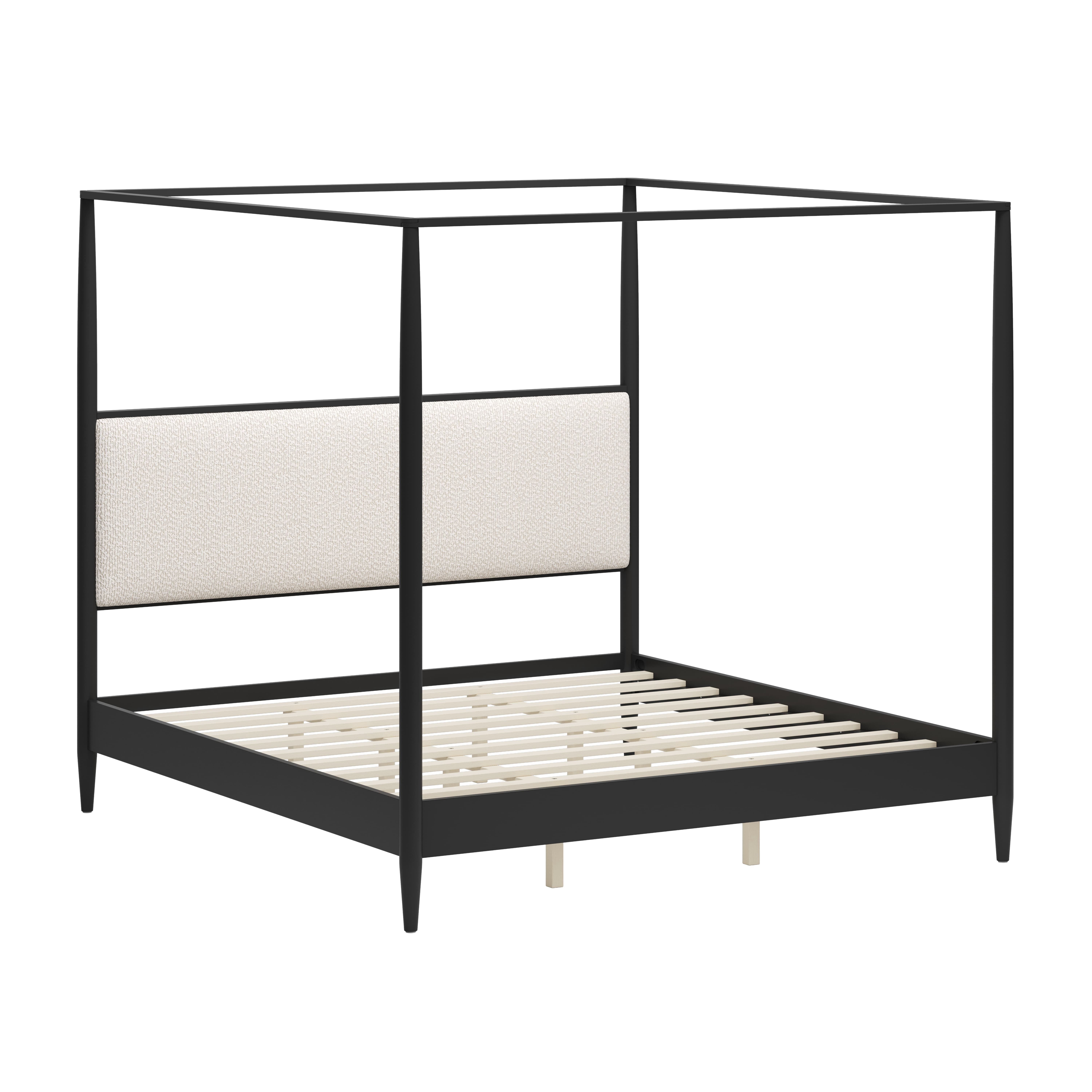 Euroco Modern Wood King Size Canopy Bed, Mid-Century 4-Poster Platform Bed with Boucle Upholstered Headboard and Tapered Legs, No Box Spring Needed, Black