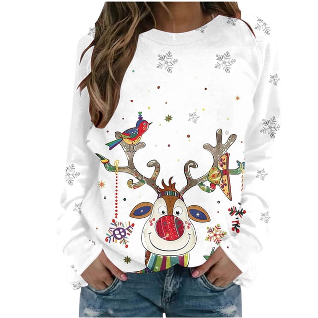Staron Chandail de Noël pour Femmes, Chandails à Col Rond pour Femmes, Chandail Graphique de Renne de Noël Amusant, Chandail Mode, Hauts de Noël Décontractés, Blouse à Col Rond, Cadeau de Noël pour Épouse
