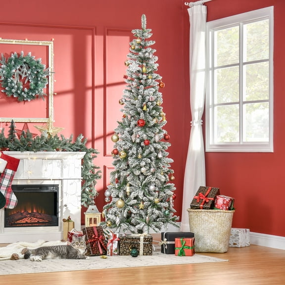 HOMCOM 7.5ft Unlit Snow-Flocked Slim Pine Artificial Christmas Tree with Realistic Branches and 668 Tips