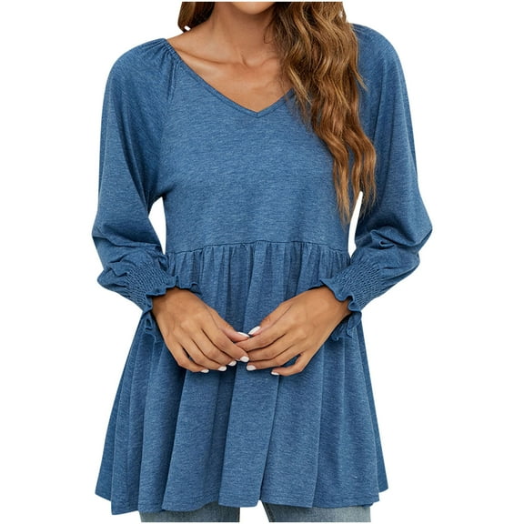 Oalirro Blue Womens Long Sleeve Tops Fitted V Neck Tunic Womens Tops Dressy Casual