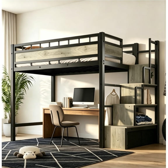 Soges Twin Size Metal Loft Bed with Storage Stairs&Shelves, Modern Metal Loft Bed Frame With Large Under-Bed Space for Bed Room, No Box Spring Needed, Black