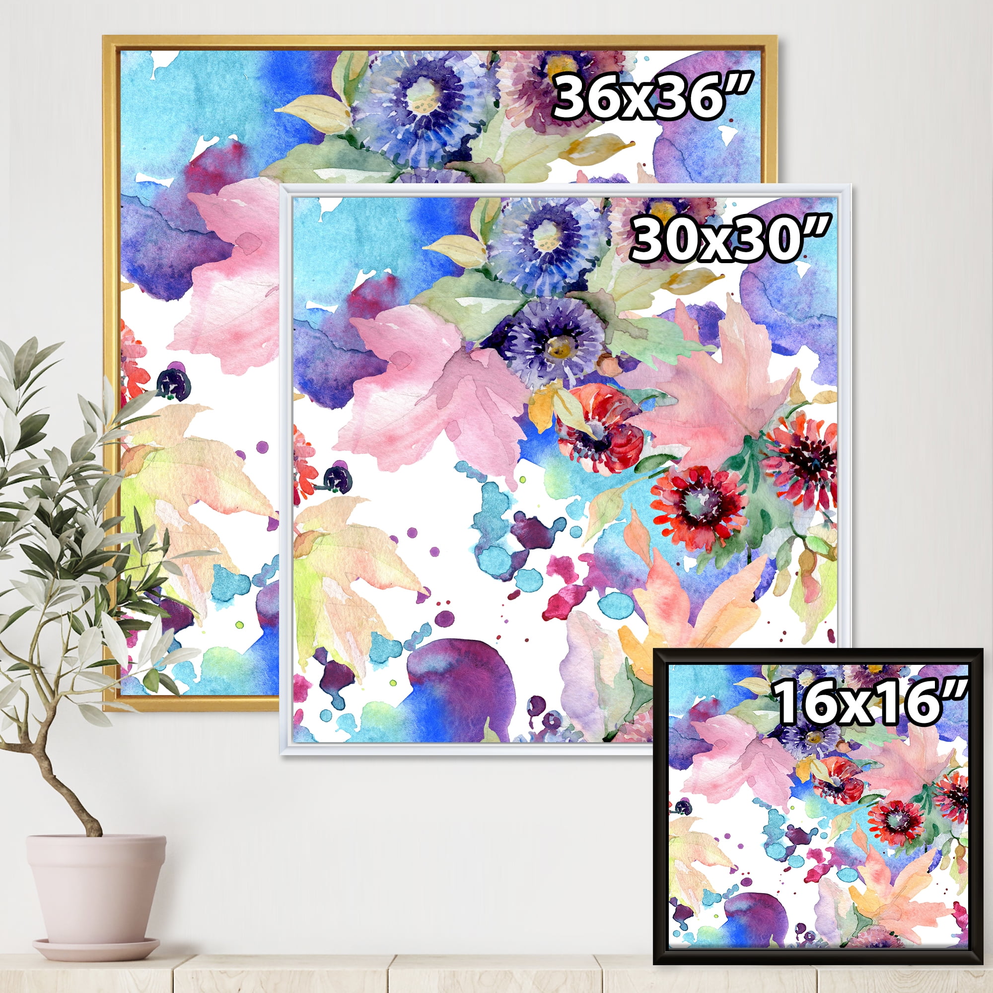 Wildflowers and Vibrant Wild Spring Leaves VIII 36 in x 36 in Framed Painting Canvas Art Print, by Designart