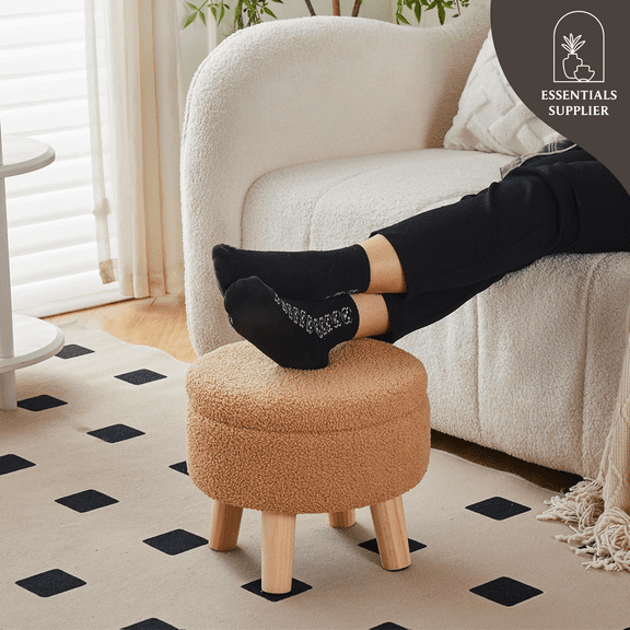 Round Storage Ottoman, Teddy Velvet Footrest with Wood Legs for Living Room, Brown