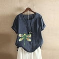 thumbnail image 2 of Leutsin T-Shirts Vintage pour Femmes Grande Taille à Col Rond, Manches Courtes, Imprimé, Boutons, Coton et Lin, 2 of 4