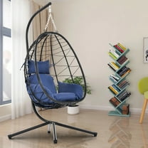 Wicker Hanging Egg Chair with Stand and Cushion, Outdoor Swing Egg-Shaped Chair w/Hanging Kits, Durable All-Weather UV Patio Rattan Lounge Chair for Bedroom, Patio, Deck, Yard, Garden, 350lbs, Navy B