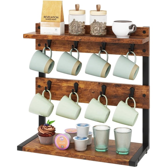 Rustic Coffee Mug Holder Stand, 2 Tier Countertop Mug Tree Holder Rack with Storage Base, Vintage Mug Holders for Kitchen, Holds 8 Mugs, Rustic Brown UTBJ002H