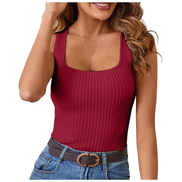 Camiseta sin mangas de punto acanalado para mujer, cuello redondo, corte ajustado, básica informal, poliéster, tallas S-XXL