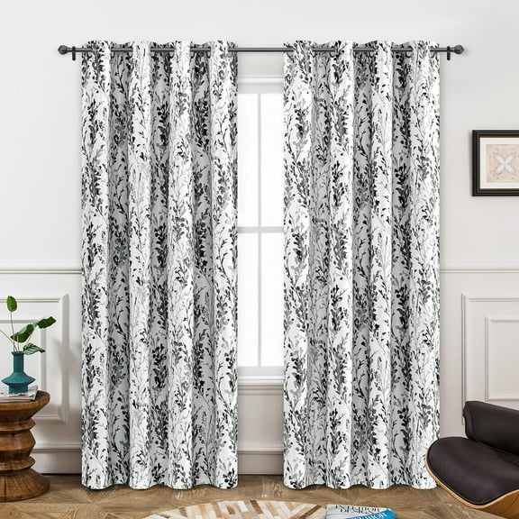 DriftAway Heather Curtain 84 Inches Long for Bedroom Blackout Thermal Insulated Curtains with Floral Botanical Patterns for Living Room 2 Panels Set Grommet 52Wx84L Charcoal Black and White