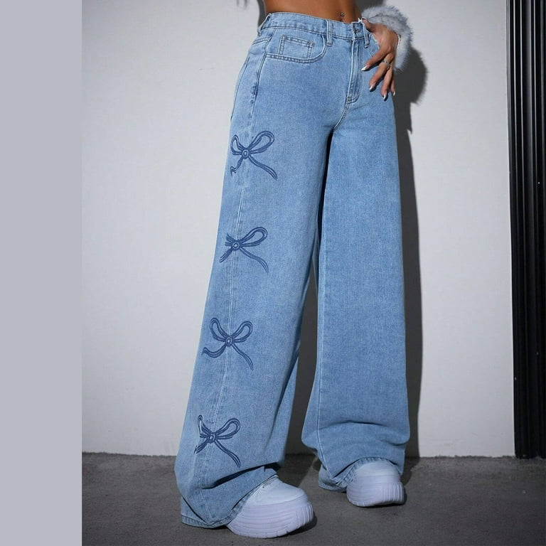 Pxkloy Womens High Waist Jeans Bow Print Butt Lifting Trousers