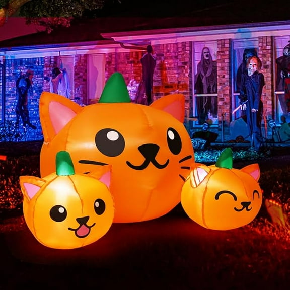 Halloween Inflatable 5FT Long Three Pumpkin Cat Head Combo with Built-in LEDs, Blow Up Yard Decoration for Holiday Party Indoor, Outdoor, Yard, Garden, Lawn