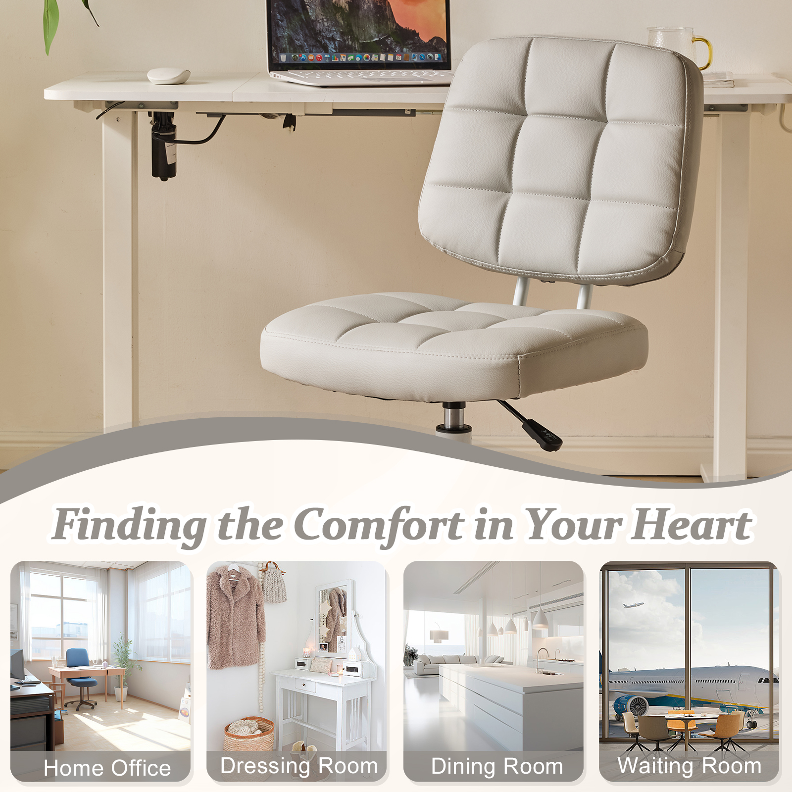 Ktaxon Armless Office Chair with Star Base PU Swivel Task Chair with 9-Grid Design for Study Room or Dressing Area Light Gray