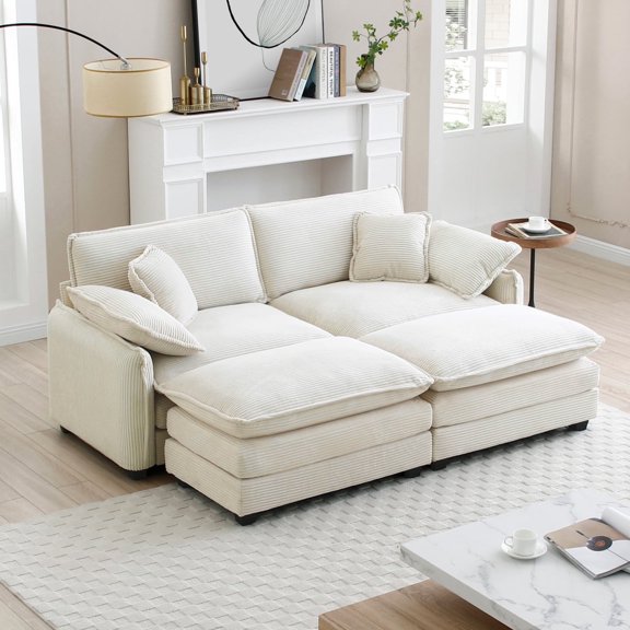 Newboti Two-Seater Theater Sofa with 2 Footrest, 2-Seater Sofa with Ottoman for Small Living Spaces, Beige Corduroy 528090940137226
