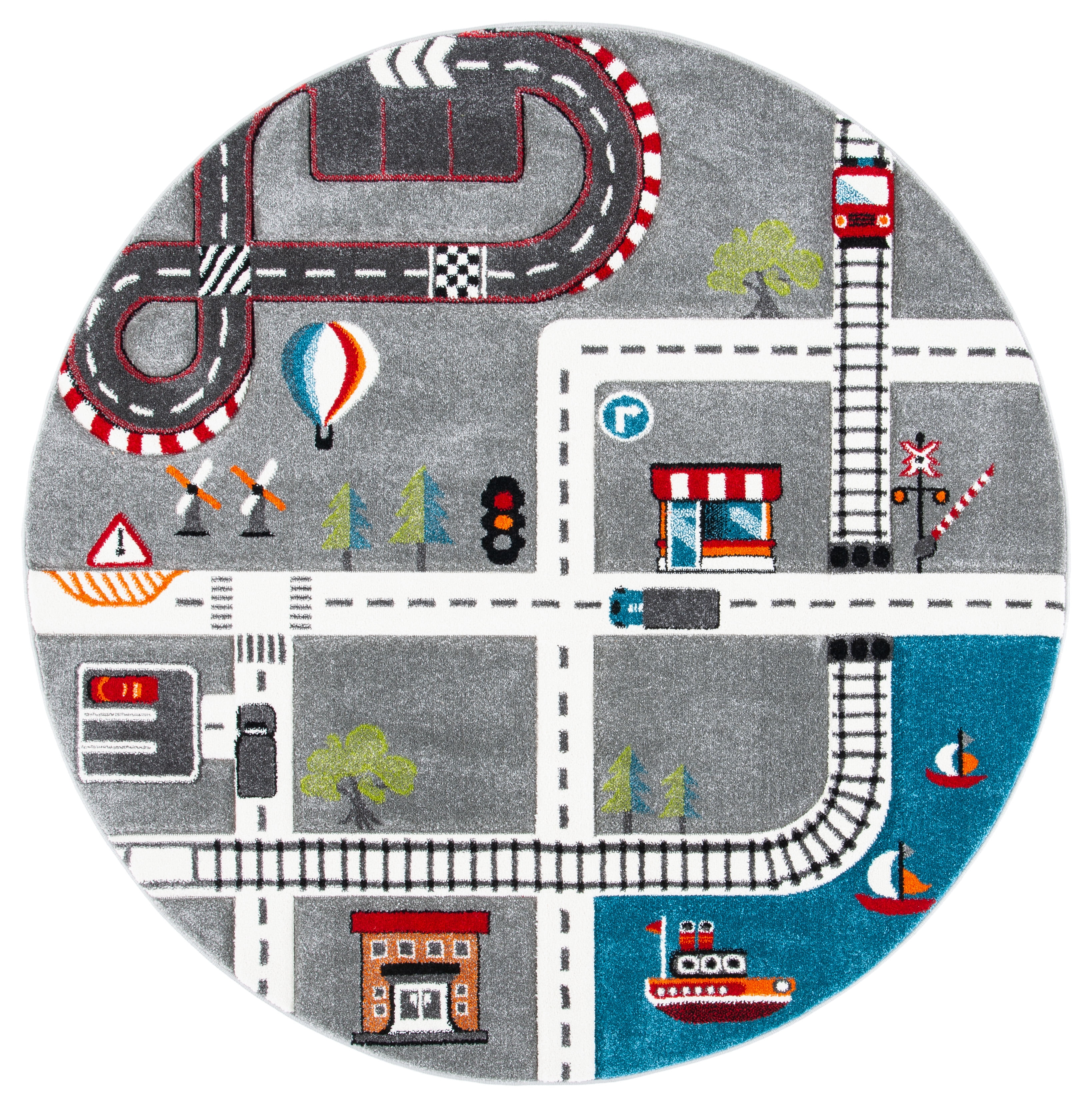 SAFAVIEH Carousel Kids Devan Train Track Area Rug, Gray/Ivory, 5'3" x 5'3" Round