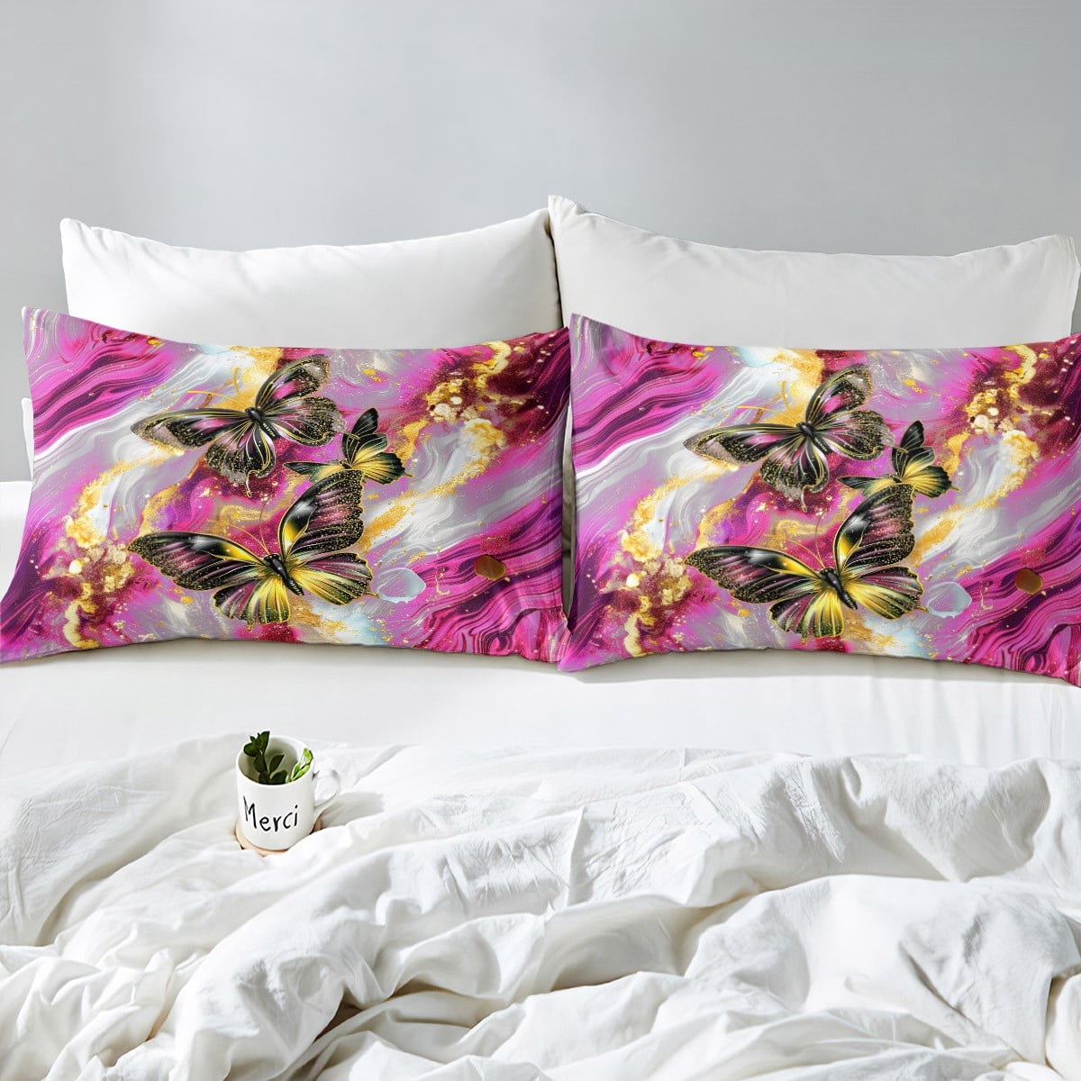 Purple Marble Duvet Cover Set Red Butterfly Queen Bedding Sets,Rustic Animal Dreamy Butterflies Room(No Comforter)